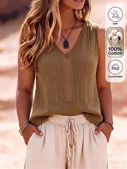 Linhara CURVE Blusa holgada de mujer talla grande de algodón puro con cuello en V, ribete de encaje y patchwork, sin mangas, elegante y casual para ir al trabajo, ropa formal, ropa de oficina, Día de la Madre, vacaciones, verano