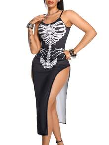 AltBold Women's 1pc Halloween Skeleton Bone Dark Sexy Hollow Out Design Nightgown - Black and White - View 1