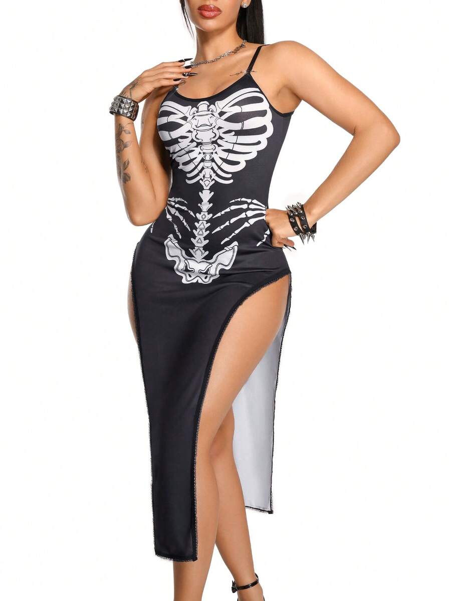 AltBold Women's 1pc Halloween Skeleton Bone Dark Sexy Hollow Out Design Nightgown - Black and White - View 1