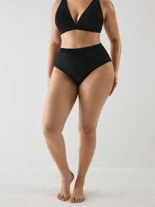 YARNWELL Plus Size Women's Solid Color Casual High Waist Bikini Bottoms For Beach Vacation - Black - View 6