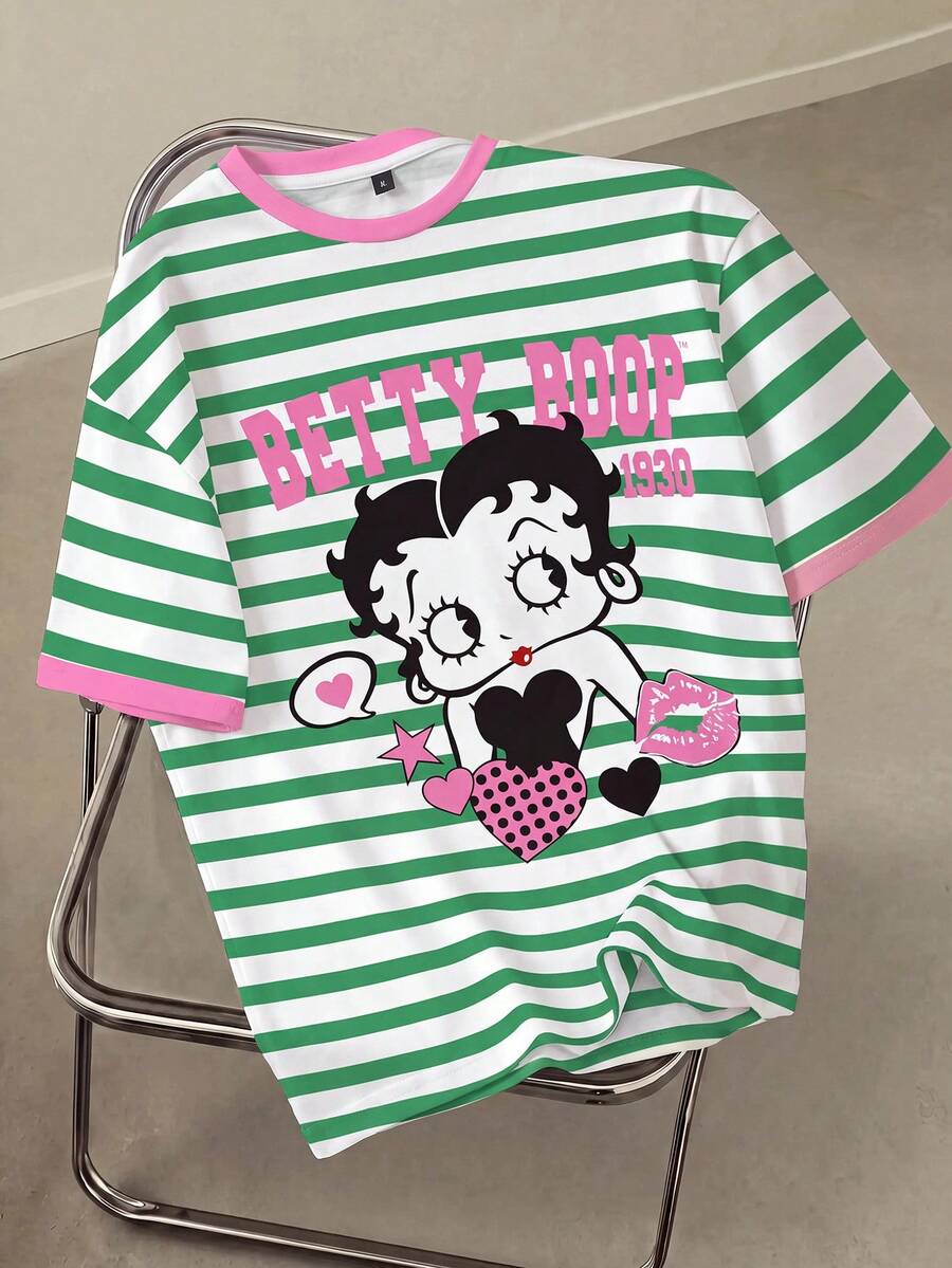 Betty Boop x SHEIN 女式休闲条纹卡通图案短袖T恤,夏季 - 白色 - 查看 1