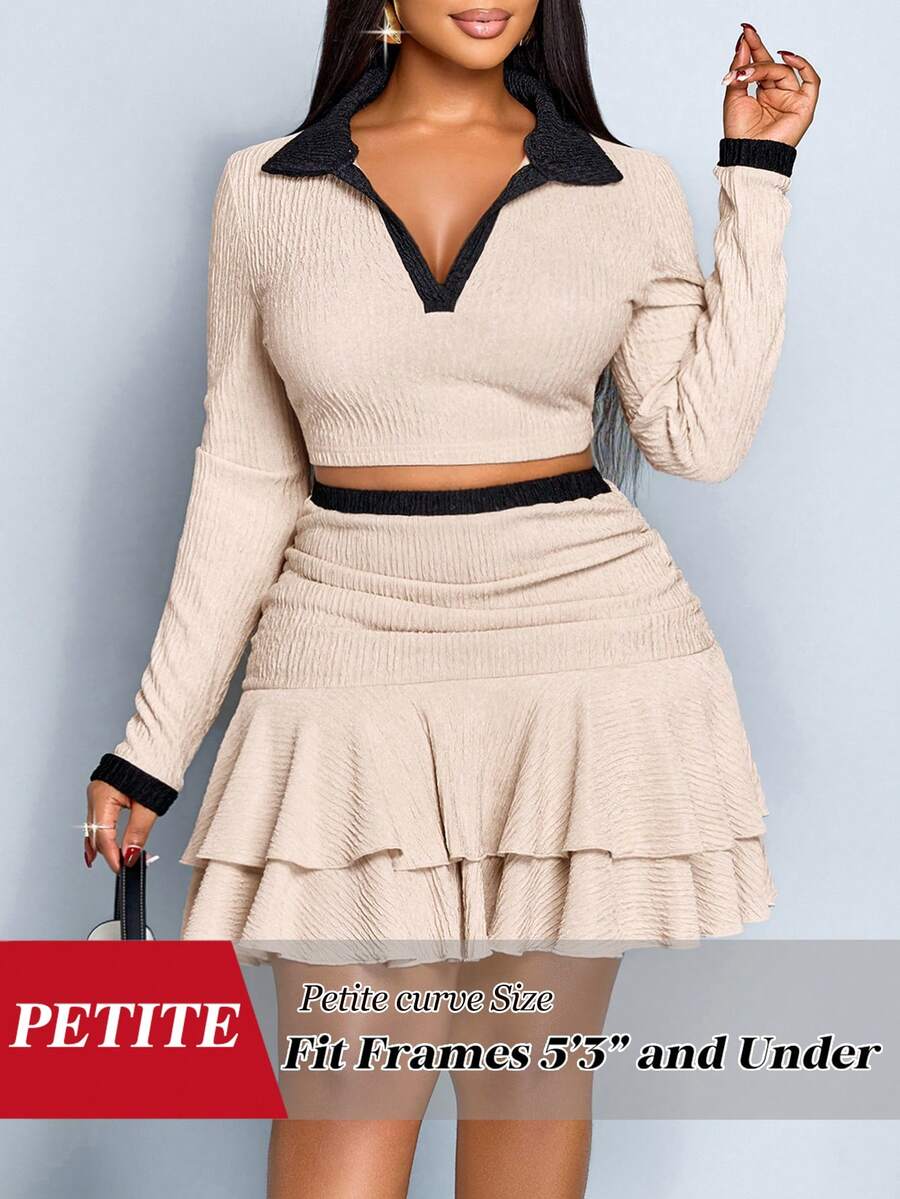 SHEIN PETITE CURVE 女士优雅撞色 Polo 领短袖 T 恤和撞色褶皱双层荷叶边半身裙 - 杏色 - 查看 1
