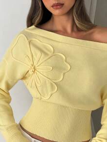 Aloruh Women's Elegant Solid Color 3D Floral Decor Asymmetric Collar Sweater - Yellow - View 5