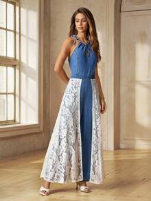 Selenza Mono de mujer casual de pierna recta con encaje y denim - Azul lavado medio - Ver 8