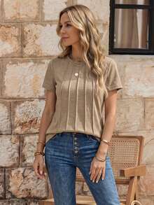EMERY ROSE Women's Front Extended Pleated Short Sleeve T-Shirt - Khaki - View 1