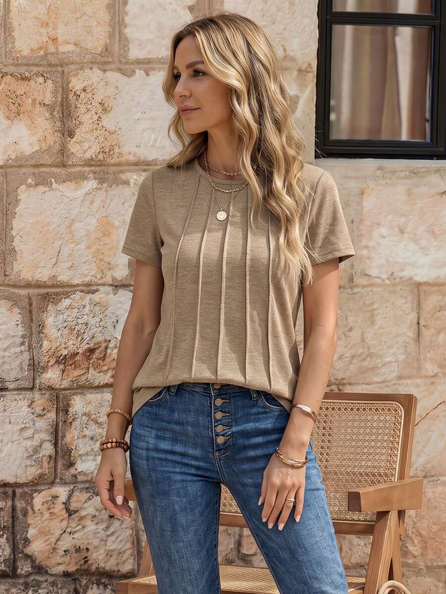 EMERY ROSE Women's Front Extended Pleated Short Sleeve T-Shirt - Khaki - View 1
