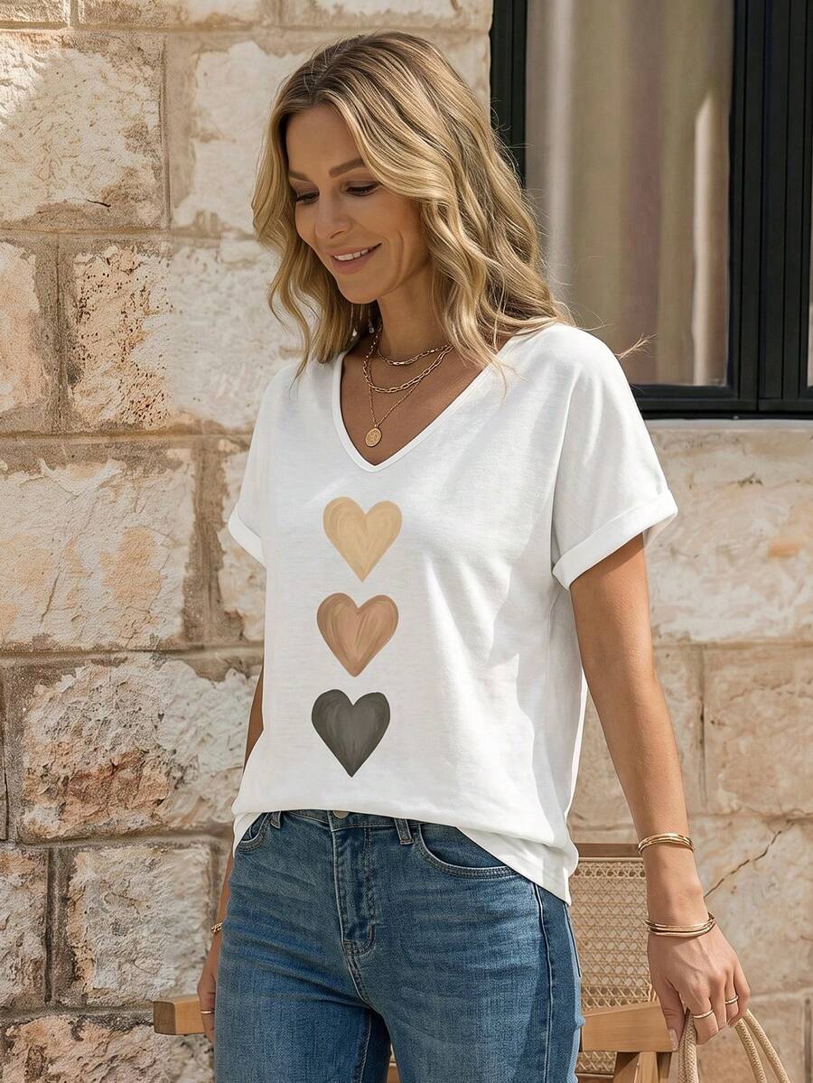 EMERY ROSE Women's V-Neck Cuffed Sleeve, Ombre Heart Print Casual Versatile T-Shirt, Spring/Summer - White - View 1
