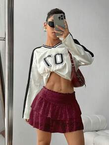 SHEIN Unity Women's Lace Ruffle Hem Ruched Skirt - Burgundy - View 6