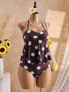 Bellisia Women's Polka Dot Ruffle Halter Tankini And Triangle Tankini Bottom Two-Piece Swimsuit Set - Brown - View 3