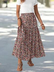 EMERY ROSE Women's Patchwork Floral Print Long Midi Skirt Summer Picnic Vacation Black Casual - Multicolor - View 6
