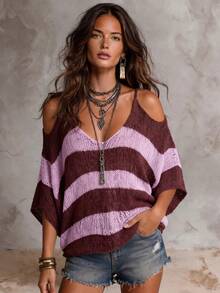 Solivie Women's Fashion Hollow-Out Off-Shoulder Colorblock Sexy Sweater For Vacation - Burgundy - View 1