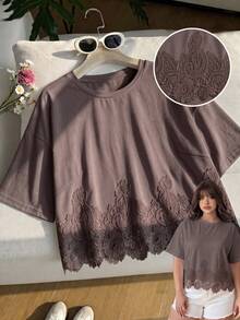GalTyme Plus Size Women's Solid Color Contrast Lace Short Sleeve Round Neck Versatile Fashion T-Shirt Holiday Brown Summer Casual - Brown - View 3