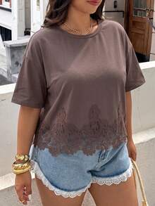 GalTyme Plus Size Women's Solid Color Contrast Lace Short Sleeve Round Neck Versatile Fashion T-Shirt Holiday Brown Summer Casual - Brown - View 7