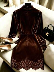 GlowEve Women's Elegant Mature Solid Color Stand Collar Lace Patchwork Dress Dinner Party Dark Brown Autumn - Brown - View 2