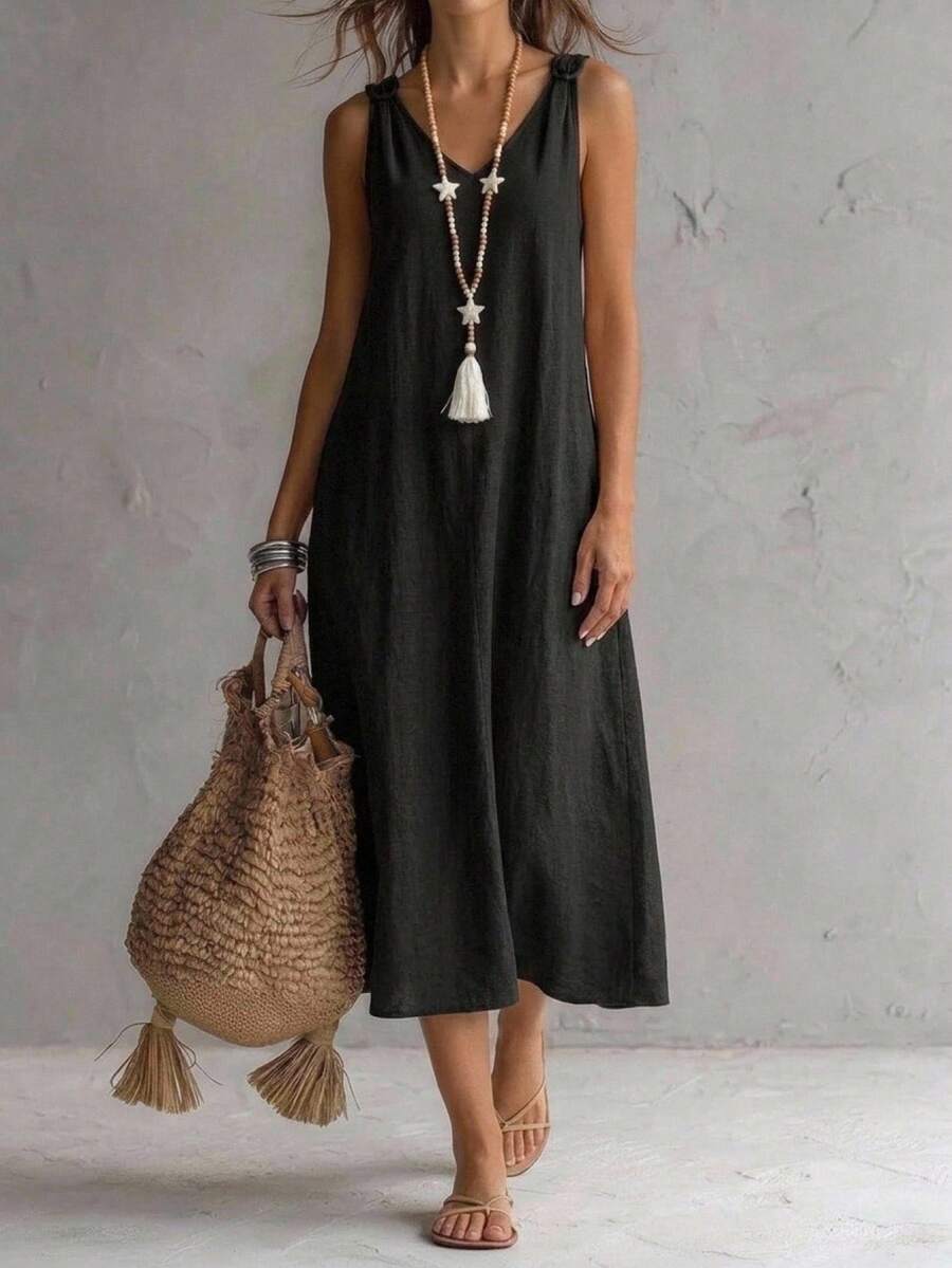 SHEIN LUNE Women's Solid Color Round Buckle V-Neck Sleeveless Midi Dress - Black - View 1