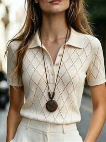 SHEIN New Spring Summer Vintage Preppy Diamond Pattern Knit Polo Women Lapel Collar Half Button Short Sleeve - Apricot - View 3