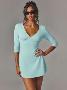 Athîral Women's Casual V-Neck Elastic Mid-Sleeve Backless Short Dress, Date Outfit, Party Outfit, Daily Wear - Teal Blue - View 1