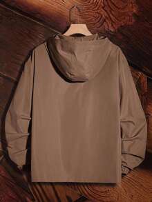 AKNOTIC Men's All-Polyester Cool Plain Weave Patch Half-Placket Letter Patch Hooded Jacket - Coffee Brown - View 3