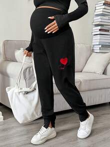 SHEIN Maternity Heart Pattern Adjustable Waist Casual Daily Wear Long Pants - Black - View 3