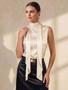 Almamuse Women's Elegant Loose Tie Bow Decor Button Apricot Color Top - Apricot - View 1
