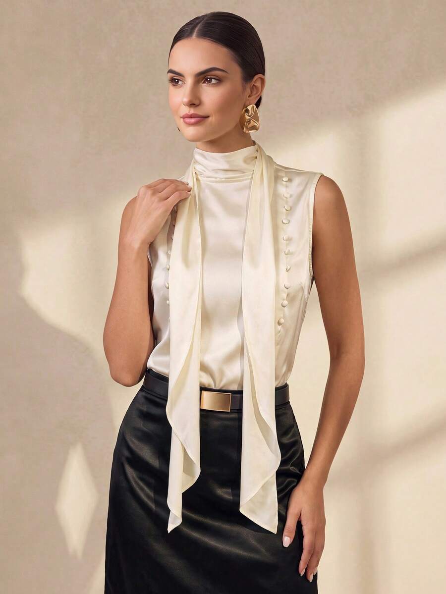 Almamuse Women's Elegant Loose Tie Bow Decor Button Apricot Color Top - Apricot - View 1