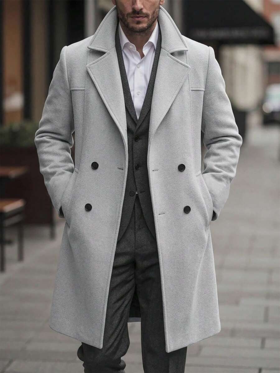 Manfinity CasualCool 男士純色鈕扣式長袖黑色大衣，秋冬風格 - 灰色 - 查看 1