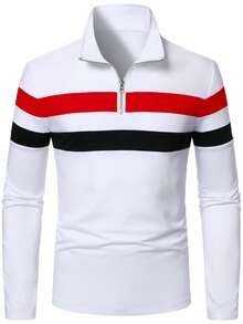 Manfinity Homme Men's Zipper Half-Placket Striped Patchwork Long Sleeve Polo Shirt - Multicolor - View 4