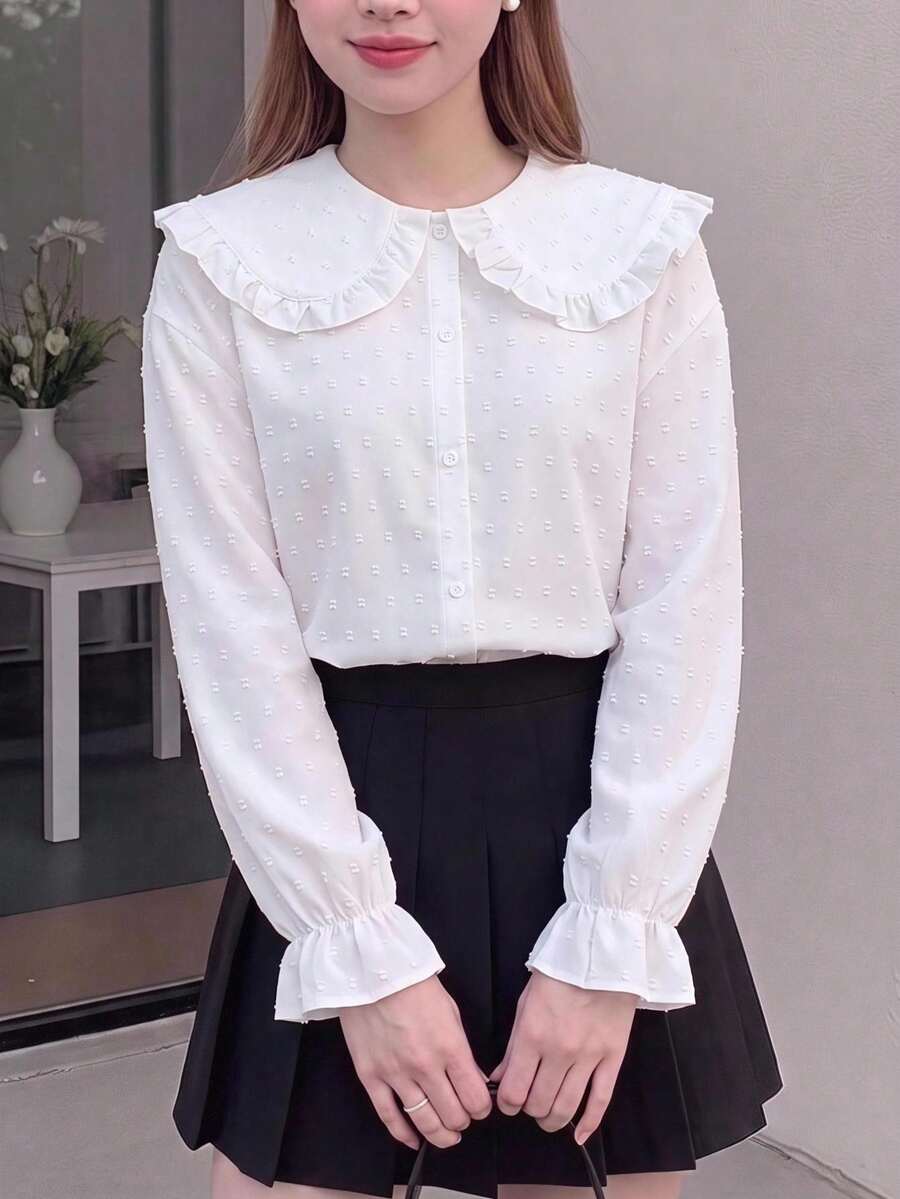 SHEIN 青少年女孩早秋彼得潘領紋理瑞士波點布料長袖襯衫,適合日常通勤與返校穿著 - 白色 - 查看 1