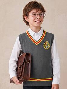 PrepCrw HARRY POTTER X SHEIN 兒童青少年男孩V領撞色學院風刺繡針織背心 秋季 - 灰色 - 查看 1