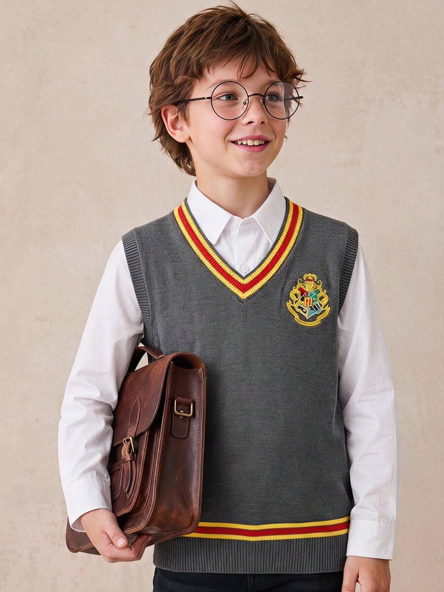 PrepCrw HARRY POTTER X SHEIN 兒童青少年男孩V領撞色學院風刺繡針織背心 秋季 - 灰色 - 查看 1