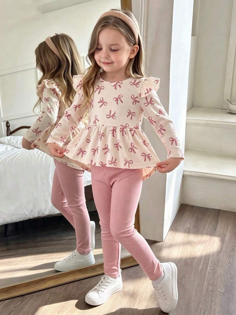 SHEIN Small Flutter Sleeve Printed Bow-Knot Ribbed Asymmetrical Hem Top Paired With Pink Solid Pants, Fashionable Cute Comfortable, Suitable For Outings And Spring/Summer/Autumn - Multicolor - View 1