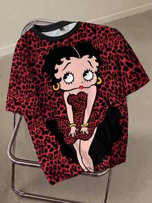 Betty Boop x SHEIN 女款圓領豹紋卡通圖案休閒日常長袖T恤 - 白色 - 查看 1