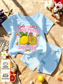 Set Celana Pendek Sepeda Motif Garis Vertikal Biru Muda dan Putih Motif Bunga Lemon Musim Panas untuk Bayi, Cocok untuk Pantai dan Anak-Anak. - MultiWarna - View 7