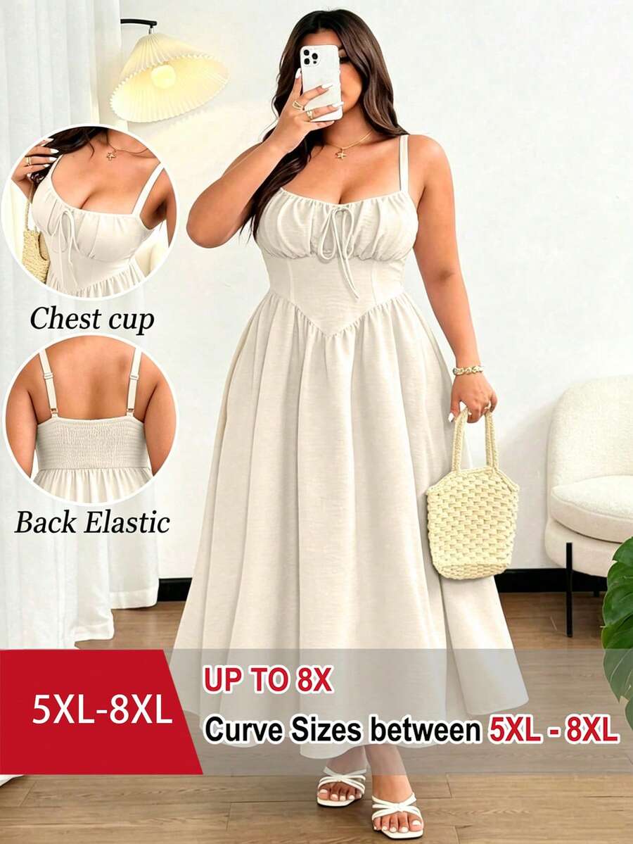 SHEIN CURVE+ 大码女士优雅纯色前系蝴蝶结吊带长款沙滩连衣裙,适合海滩、度假、派对、约会、音乐节、春夏户外活动等场合,百搭设计 - 杏色 - 查看 1
