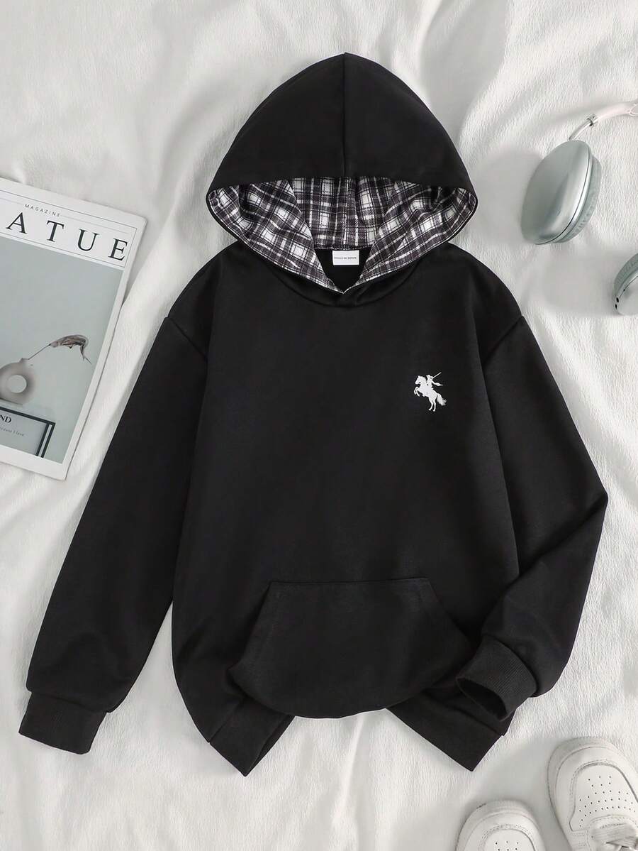 SHEIN Sparklyn 女童休閒時尚可愛粉色蝴蝶結圖案刺繡套頭運動衫 - 黑色 - 查看 1