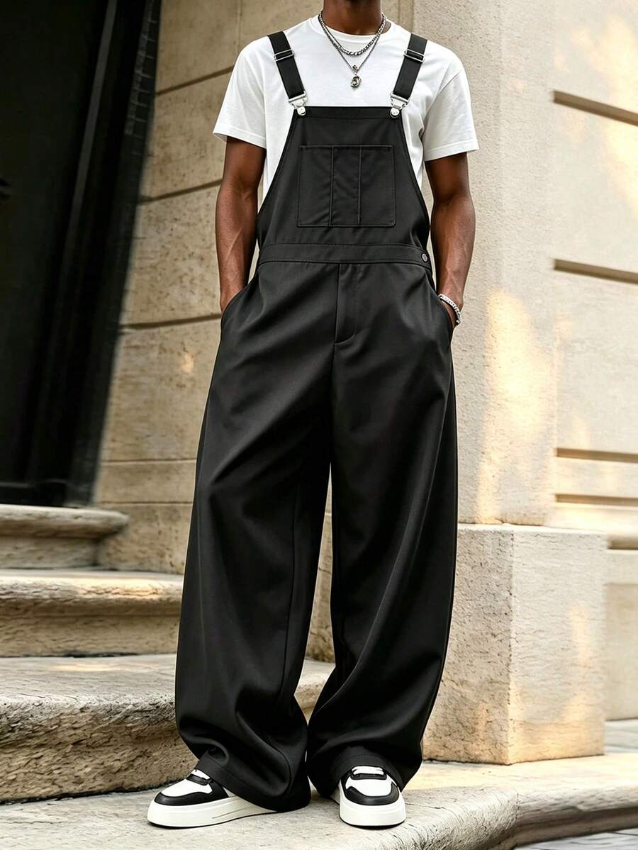 PAVTROS Men's American Vintage Cargo Style Style Overalls, Loose Wide Leg - Black - View 1