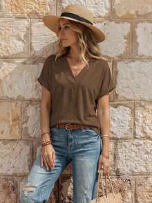 EMERY ROSE Camiseta casual versátil de mujer de unicolor con cuello en V y mangas cortas - Café integral - Ver 3