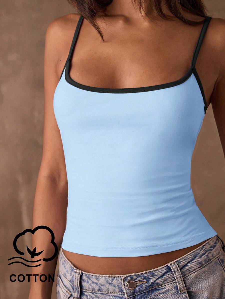 SHEIN BAE 夏季女士休闲撞色滚边吊带背心 - 淺藍色 - 查看 1