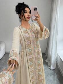 SHEIN Najma 女款優雅蕾絲腰繩休閒寬鬆日常長款睡袍 - 杏色 - 查看 6