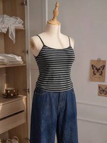 Comfortcana Plus Size Summer Casual Striped Cami - Black - View 8