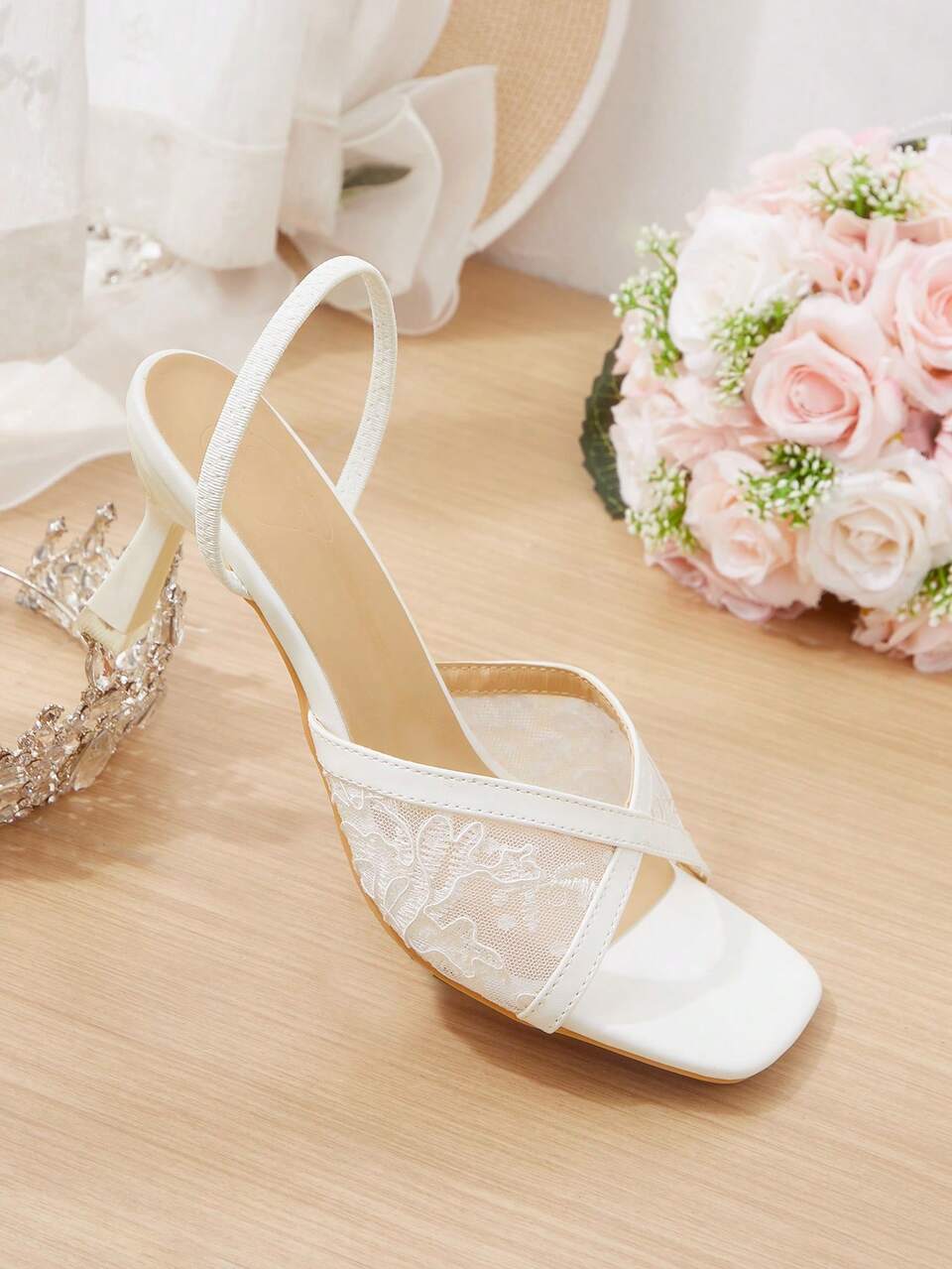 CUCCOO HITCHD French Gentle White Lace Mesh Square Toe Backstrap Sandals Women's Temperament Slim Heel Open-Toed High Heels