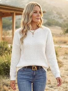 SHEIN Solid Drop Shoulder Round Neck Sweater,Long Sleeve Tops Knit Pullover Fall Winter - White - View 3