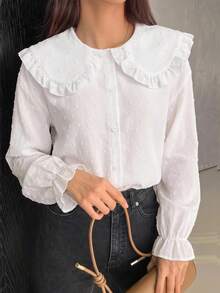 SHEIN 青少年女孩早秋彼得潘領紋理瑞士波點布料長袖襯衫，適合日常通勤與返校穿著 - 白色 - 查看 4