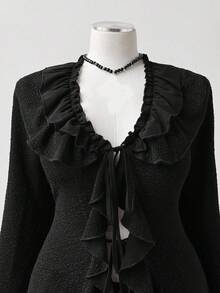 Sunspun Plus Size Women Solid Color Flare Sleeve Ruffle Patchwork Front Tie Fashionable Jacket Fall Winter Cloth For Women Autumn - Black - View 8