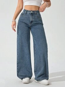SHEIN ICON 女款休閒日常牛仔褲，附口袋與鈕扣 - 中等水洗藍 - 查看 5