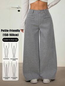 SHEIN PETITE 女款時尚百搭保暖灰色尼龍通勤長褲 - 灰色 - 查看 4