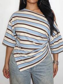 Slaydiva Contrast Stripe Y2K Asymmetric Shoulder Plus Size T-Shirt - Multicolor - View 1