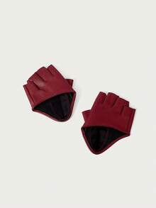 Glisma 1 Pair Fashionable Wine Red Fingerless PU Leather Gloves Summer - Burgundy - View 7