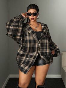 Maweii Plus Size Long Sleeve Vintage Slouchy Plaid Hooded Casual Lightweight Jacket - Multicolor - View 2