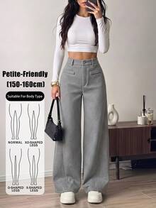 SHEIN PETITE 女款時尚百搭保暖灰色尼龍通勤長褲 - 灰色 - 查看 1